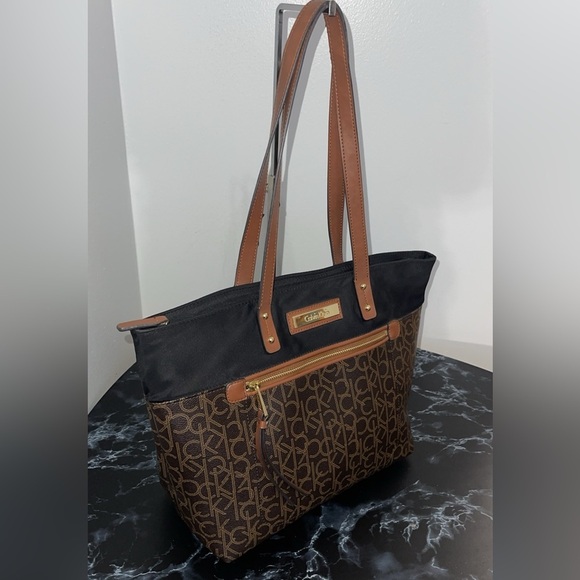 CALVIN KLEIN Handbag Black Brown CK Logo Allover Print Tote Satchel AUTHENTIC - Picture 3 of 11